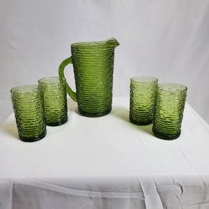 Vintage Soreno crinkle glass pitcher & glasses